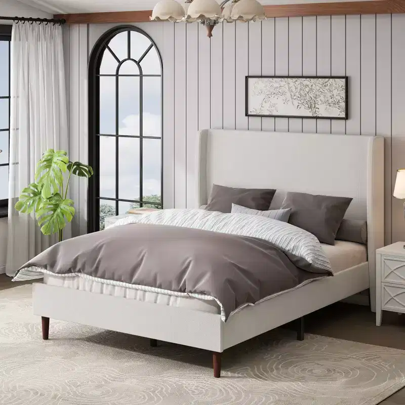 Queen/King Upholstered Bed Frame, Chenille High Headboard, No Box Spring Needed
