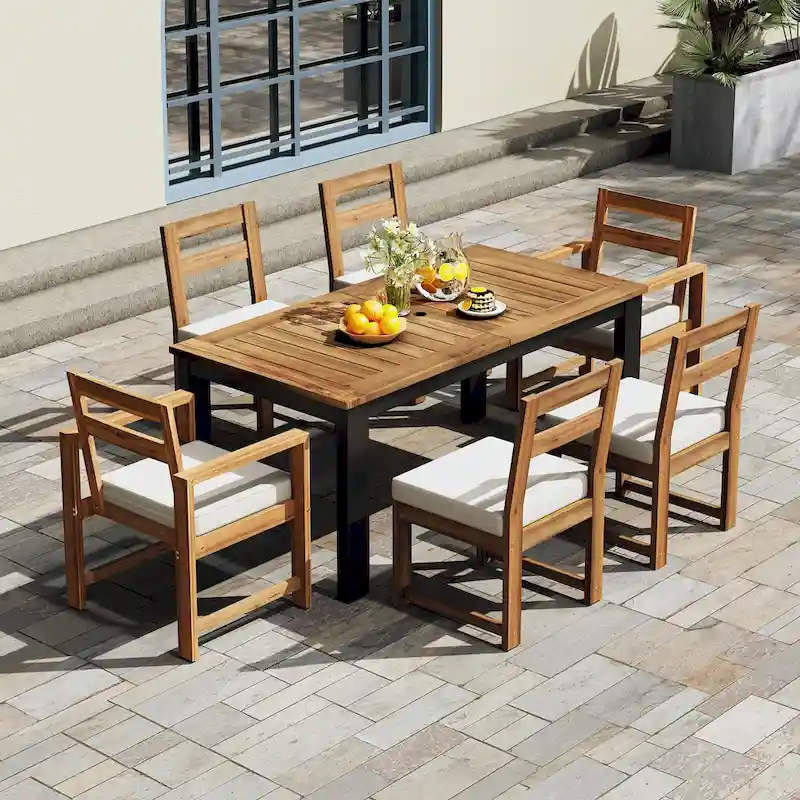 7 Piece Patio Table and Chairs Set, Wood Dining Table Set for 6 with Umbrella Hole, 2 Armchairs & 4 Side Chairs