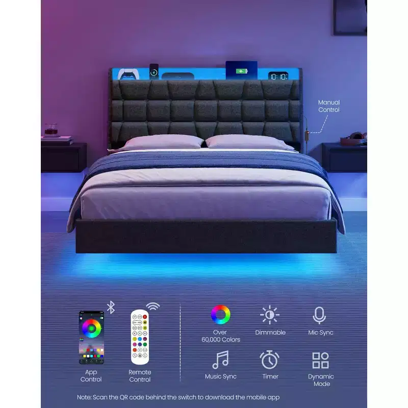 Full Size Floating Bed Frame with LED Lights, Full Bed Frame with Charging Station, Tufted Storage Headboard, Upholstered Platform Bed Frame