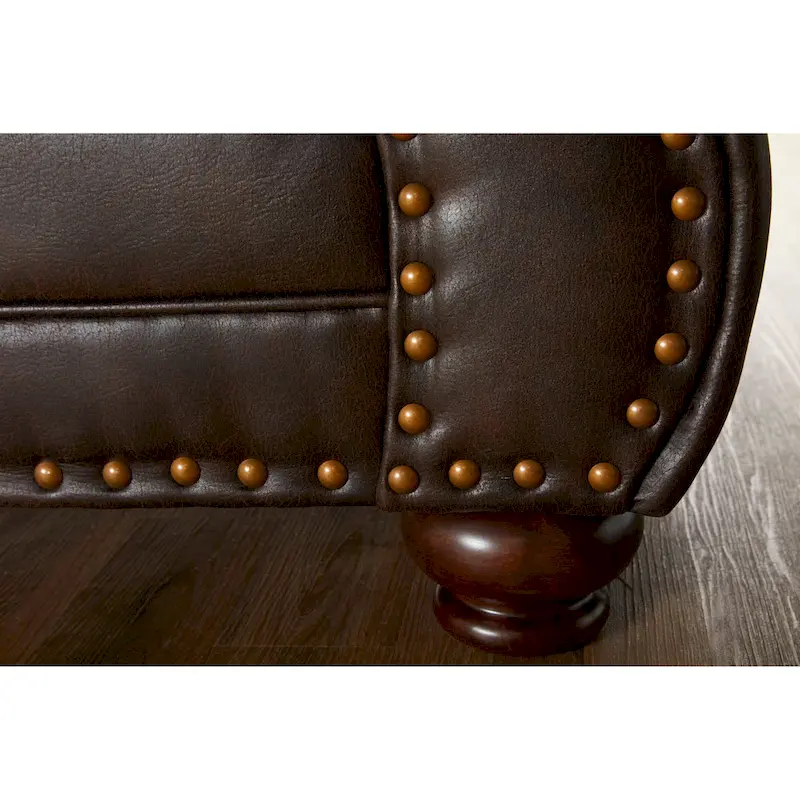 Roundhill Furniture Leinster Fabric Upholstered Nailhead Sofa and Loveseat Set in Espresso