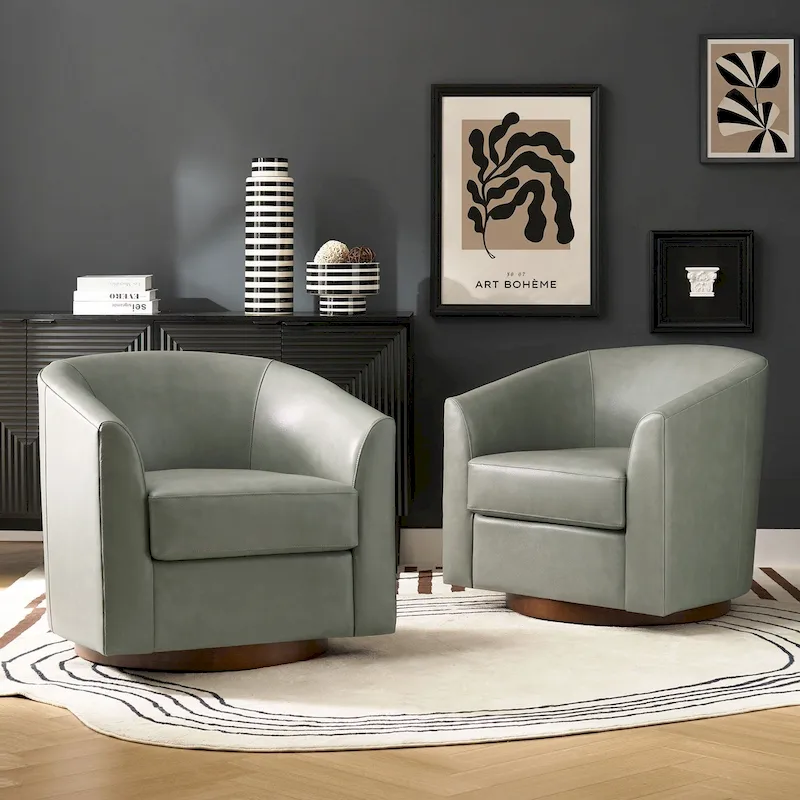 Modern Genuine Leather Swivel Barrel Chair with Solid Wood Base Set of 2