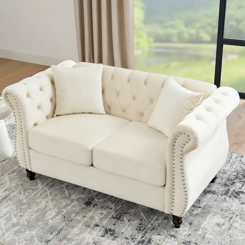 Beige Velvet Chesterfield Loveseat Sofa, Rolled Arms, Nailhead Trim