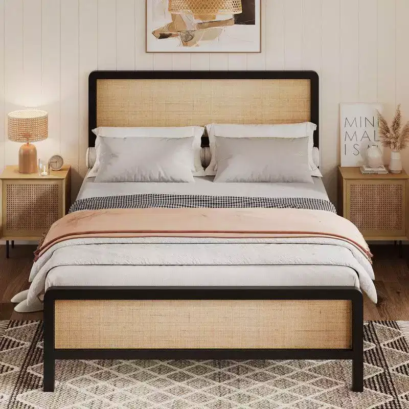 Coolmee Full/Queen Rattan Platform Bed, Bed Frame with Natural Rattan Headboard and Footboard, Metal Bed Frame with Under Bed Storage