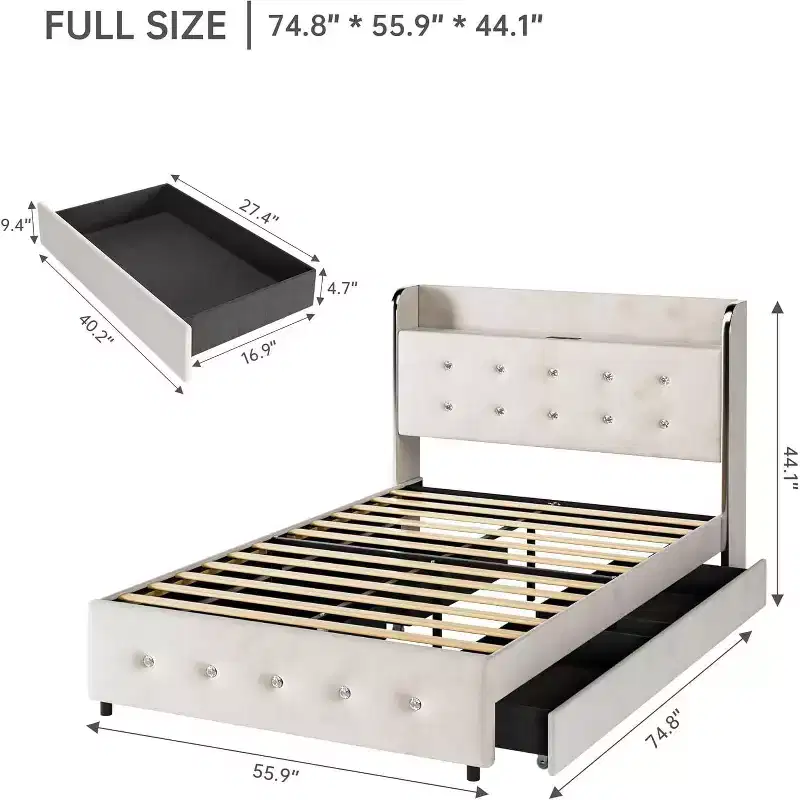 Full Size Bed Frame with Headboard Shelf, Charging Station, and 4 Storage Drawers