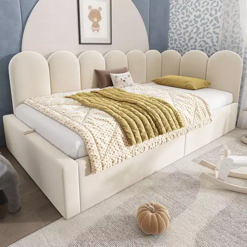 Twin Upholstered Platform Daybed with Hydraulic Storage & Metal Slatted Frame, Modern Single Bed for Bedroom, Kids Room