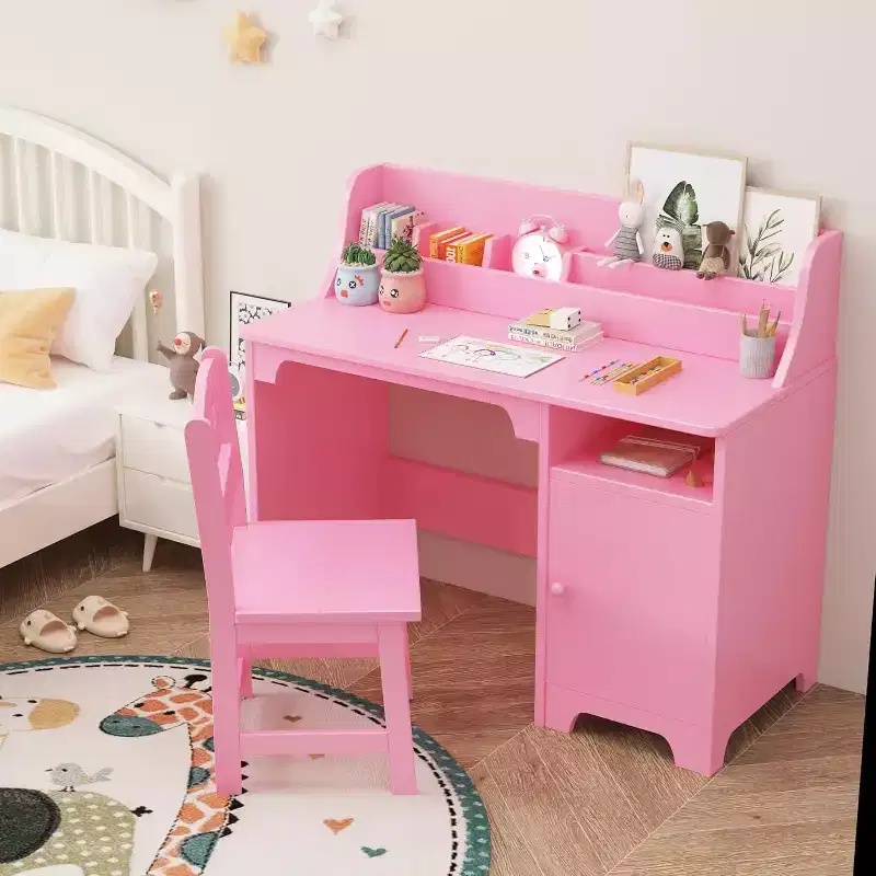 Pink/White Kids Study Desk & Chair Set, 1-Person, with Hutch & Storage