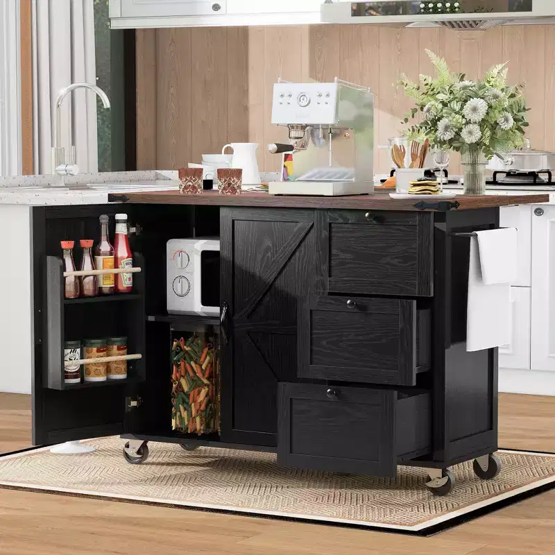 Farmhouse Style Kitchen Cart Island With Drop Leaf And Locking Wheels