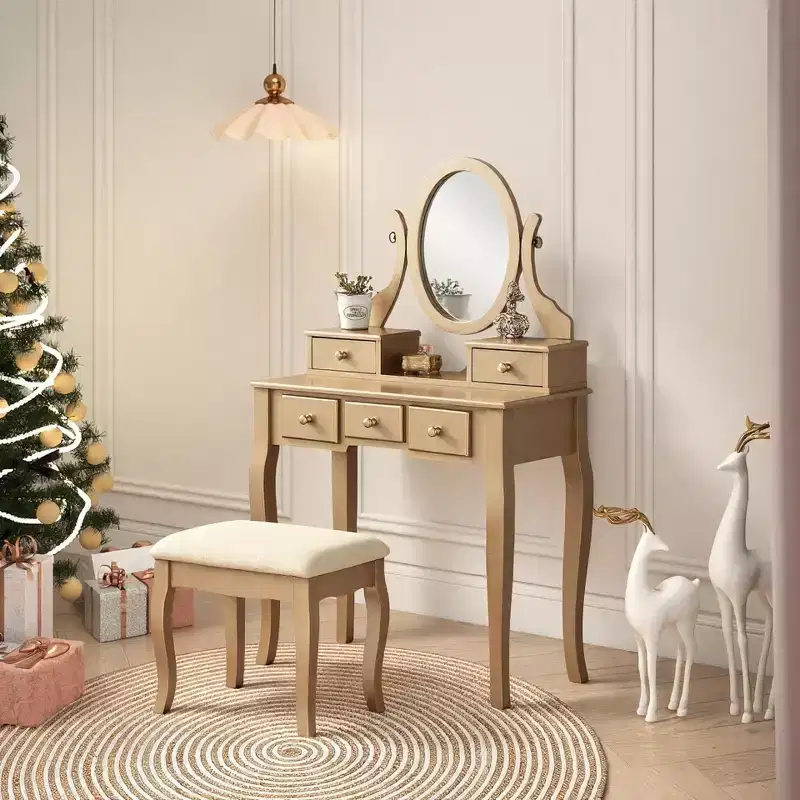 Contemporary Makeup Vanity Desk with Mirror, 5 Drawers, Matching Stool for Bedroom, Gold Finish, Space-Saving Design