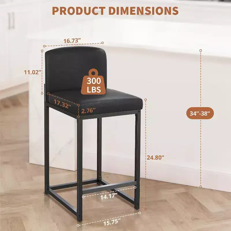 Counter Height 24.8 PU Leather Bar Stools with Back, Modern Upholstered Island Chairs with Metal Legs for Kitchen Island, Bar, Counter
