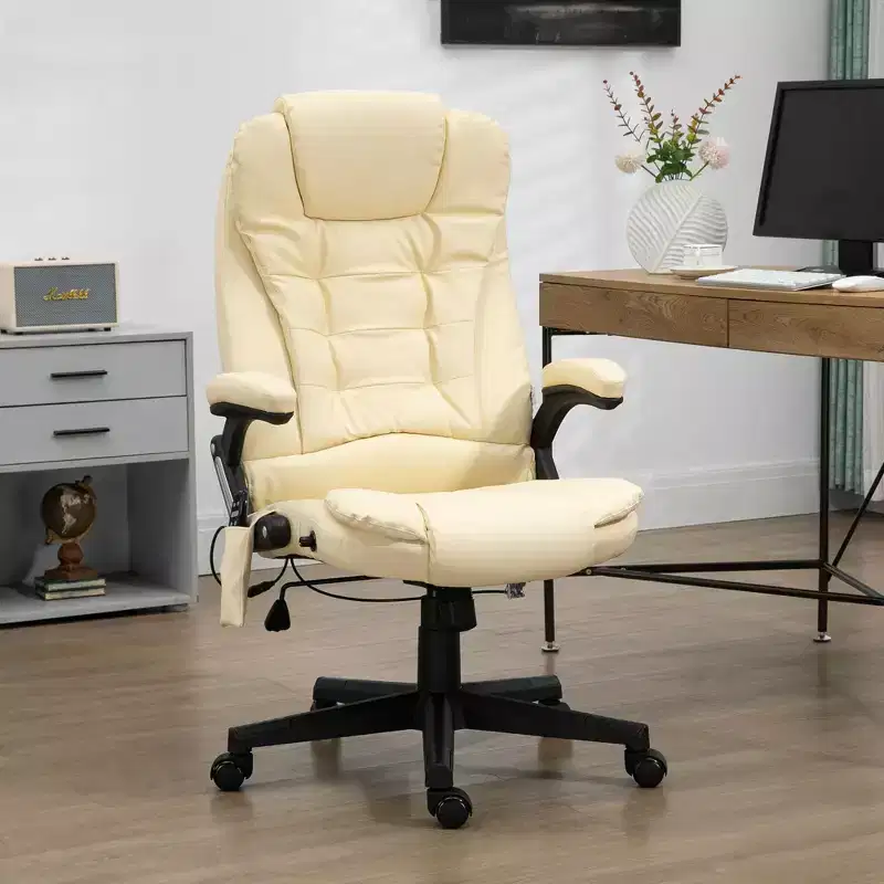 High-Back Massage Office Chair with 6 Vibration Points, Heat & Reclining, Beige