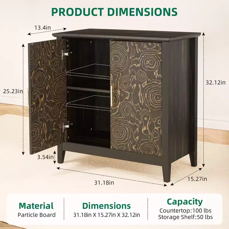 2 Doors Decorative Cabinet with Adjustable Shelves, Sideboard with Wooden Legs, Decorative Storage Cabinet for Living Room, Carved Tree Ring Pattern