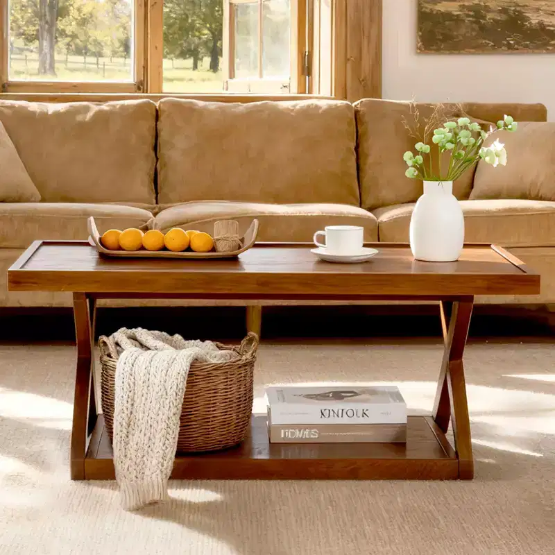 Bekrvio 40 Solid Oak Coffee Table,2-Tier Modern Farmhouse Rectangle Center Table with Storage Shelf & X-Shaped Legs, Walnut Finish