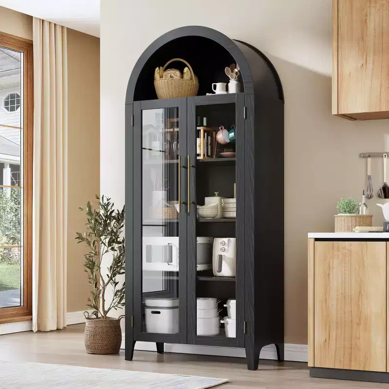 Farmhouse Arched Storage Cabinet, 5-Tier Display Shelf, 2 Glass Doors, Adjustable Shelf, Versatile Cupboard for Kitchen, Dining Room, Living Room