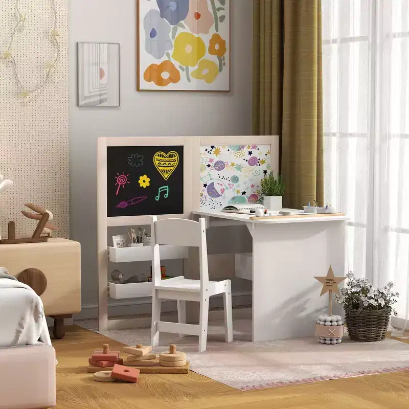 Whisen Kids Table and Chair Set with Storage Shelves, Foldable Blackboard, Whiteboard & Roll Paper, Gift for Kids - White