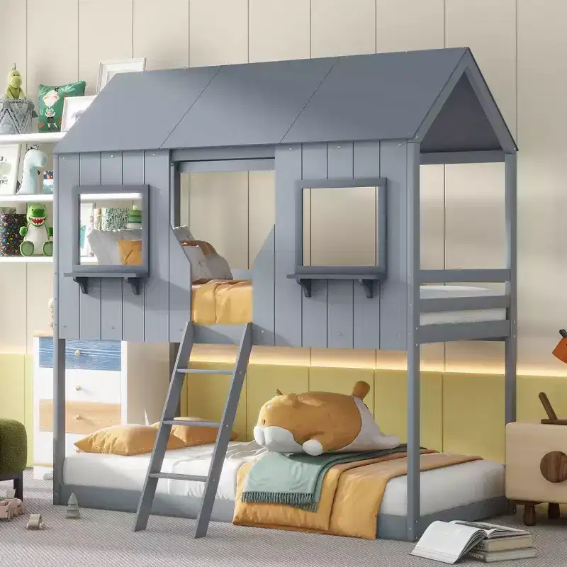 Twin Over Twin Bunk Bed Wood Bed with Roof, Window, Guardrail, Ladder