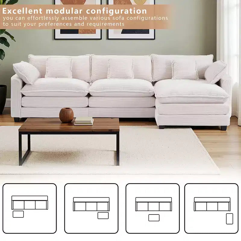 EHMKNP Chenille 3-Seat Sectional Sofa  Modular Deep Seat Sleeper Couch with Ottoman & Side Pocket