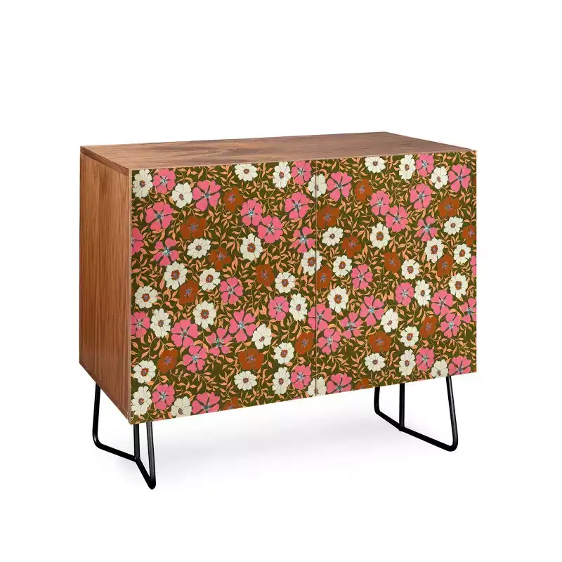 Floral Olive Walnut Credenza