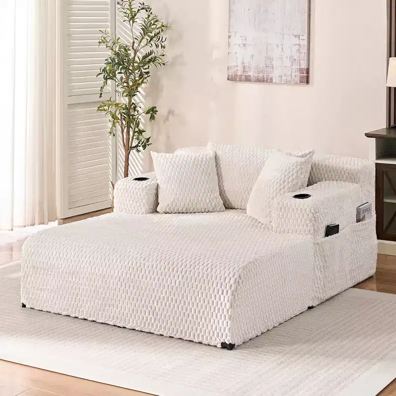 54 in. Chaise Lounge Chair, Turtle Velvet with Pillows, Cup Holders and Side Pockets