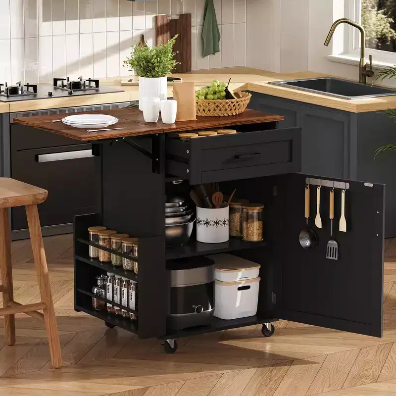 Whisen 39.3 Farmhouse Kitchen Storage Island Cart, Kitchen Portable Rolling Island Cart with Drop Leaf, Towel Rack, 1 Drawer