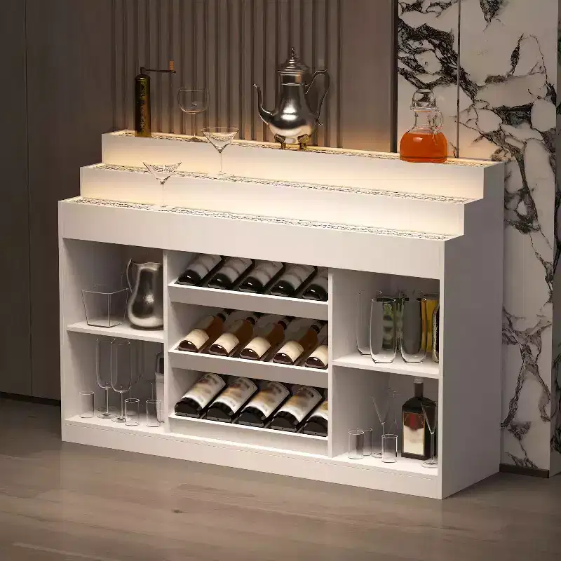 White Multi-Layer Bar Cabinet Wine Cabinet: Wave-Patterned Glass Countertop, Tiered Design Spacious Wine & Liquor Storage, Ambient Lighting