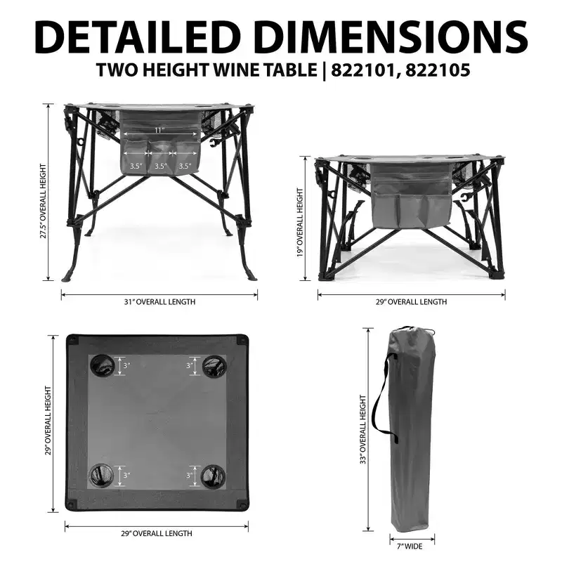 Portable Outdoor Adjustable Height Folding Wine Table with Cup Holders, Storage Bag