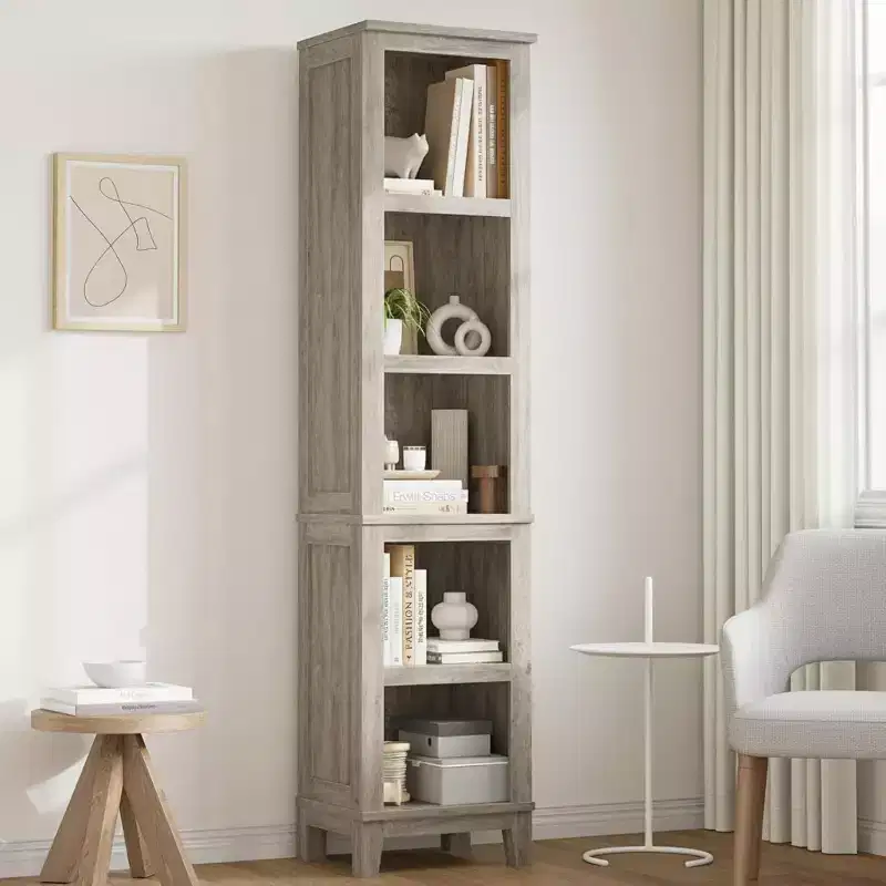 Narrow 5-layer Corner Bookshelf, Living Room Country-style Bookshelf with Wooden Legs, Grey, Suitable for Living Room and Bedroom, Space-saving