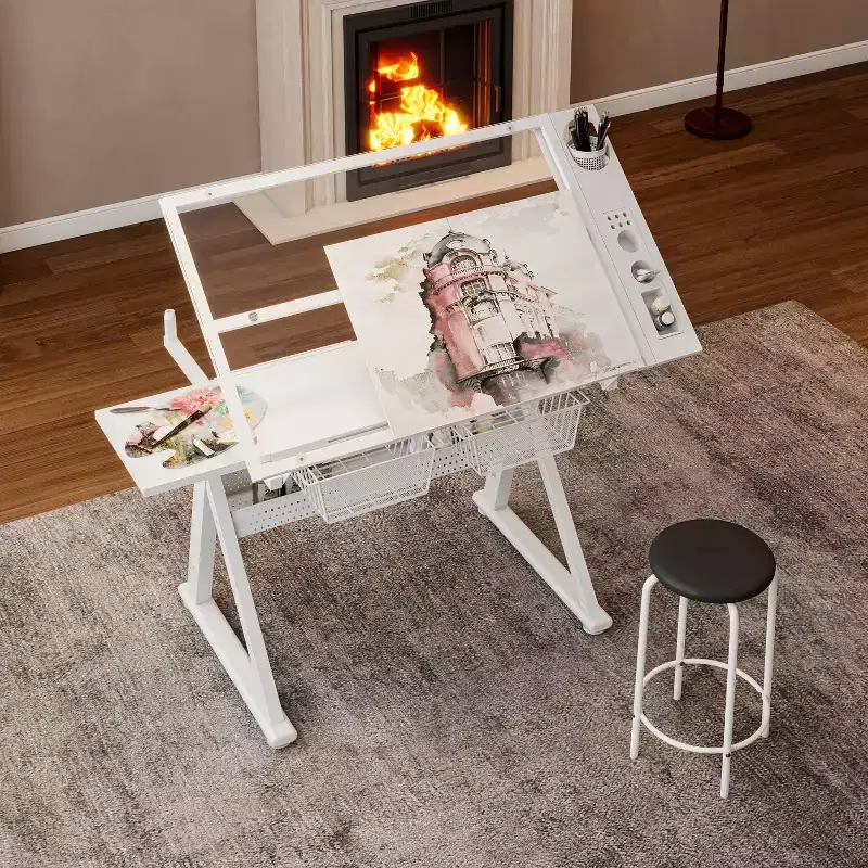 JVNOXK Hand crank adjustable tempered glass drafting drawing and printing table with chair and storage space for living room, study, bedroom(white)