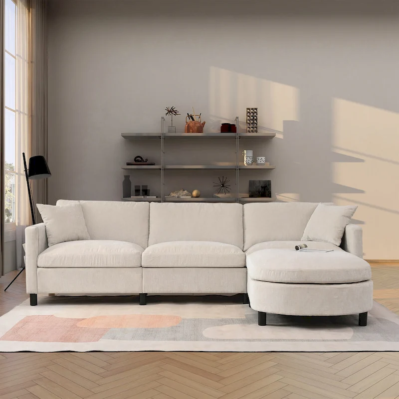 Beige 107.87 4-Seater Sofa with Movable Ottoman & Storage