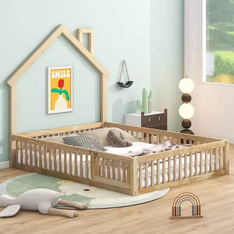 Full Size Kids House Platform Bed with Guardrail
