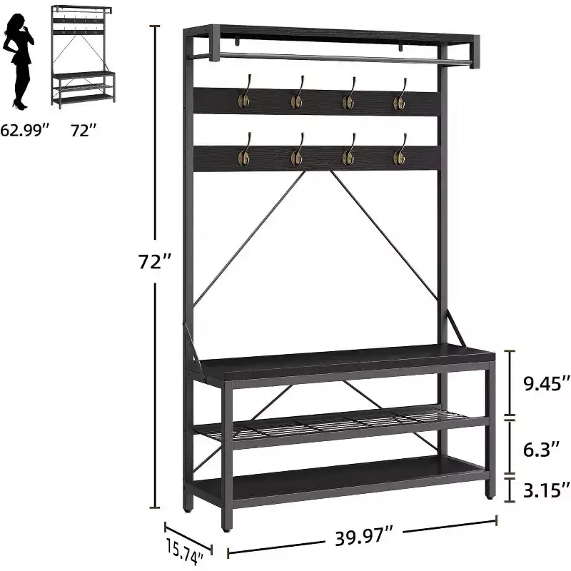 Coat Rack with Shoe Rack & Bench, Hall Tree Storage Bench with 8 Hooks, Large Coat Rack with Shoe Bench for Hallway, Living Room, Bedroom