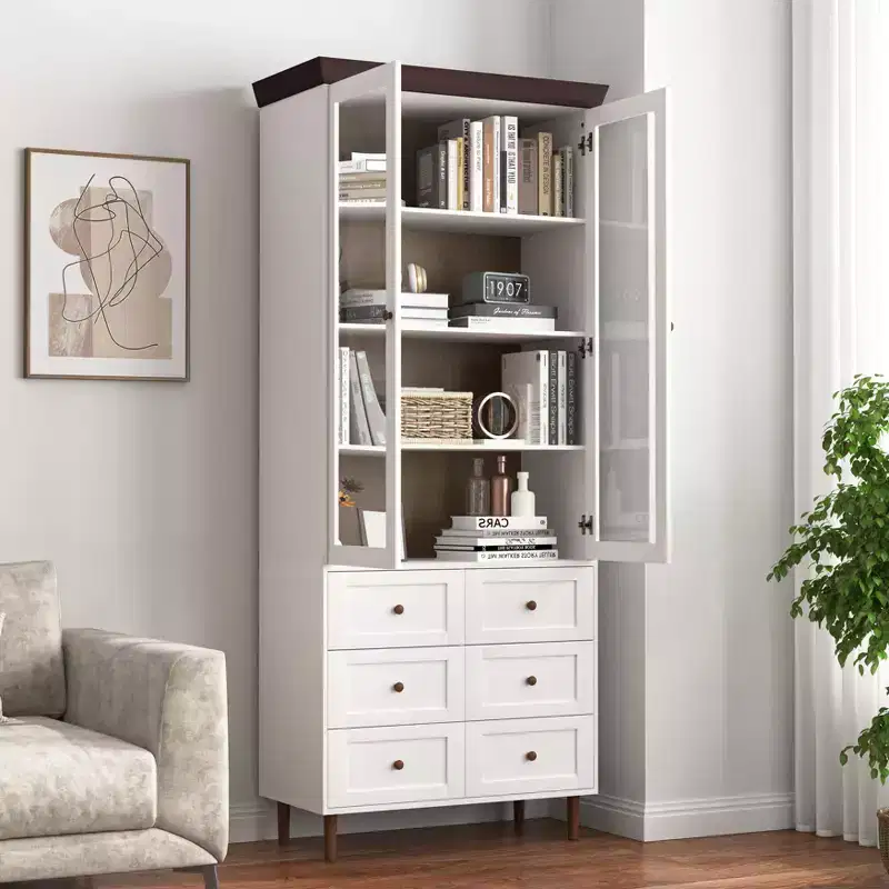 MAYEERTY Storage Cabinet White MDF Display with Glass Doors Adjustable Shelves Freestanding Cupboard for Kitchen Living Room