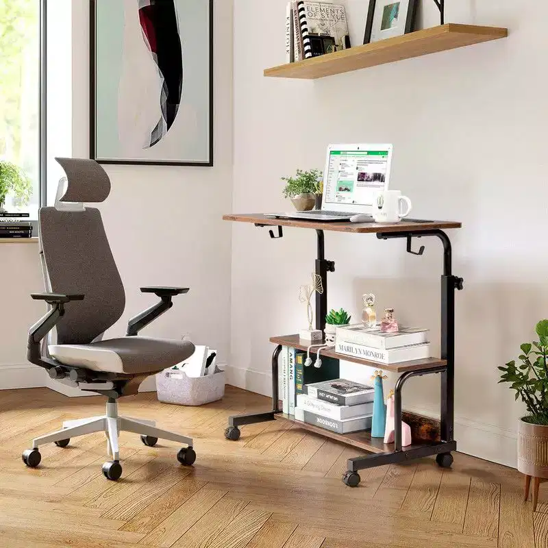 Rolling & Height Adjustable P2 15MM PB Wood& Steel Computer Desk Laptop Side Table End Table with with Charging Station, 2 USB Ports and Outlets-Brown