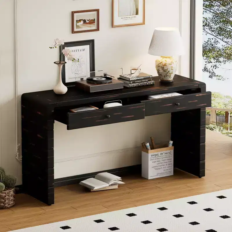 JVNOXK 55.00 inch Curved Storage Side Table, Two-Drawer Wooden Entryway Desk, Rustic Vintage Side Table for Hallways and Corridors - Black