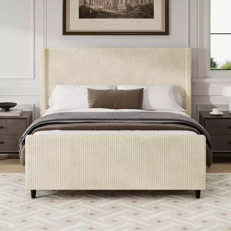 Cream Corduroy Wingback Bed Frame with Sturdy Wood Slat Support