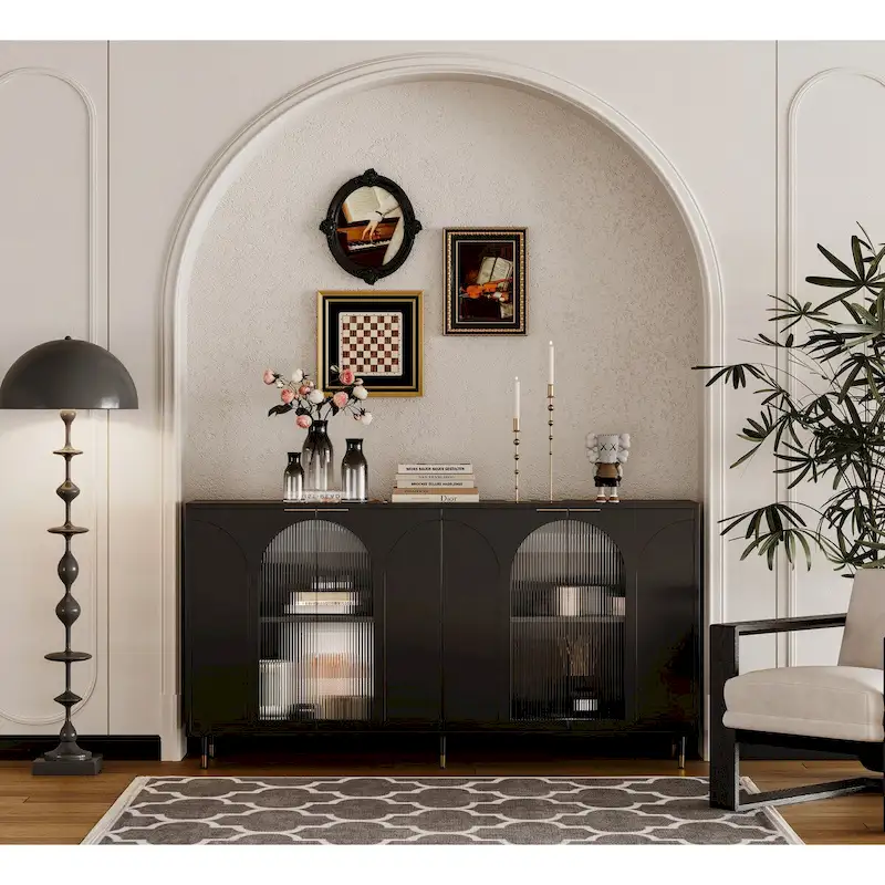 Black Accent Cabinet with Fluted Glass Doors