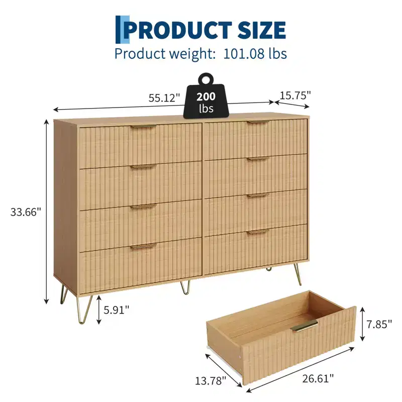 Fluted Dresser for Bedroom with 8 Drawers,Modern Chest of Drawers with Metal Handle,Wooden Dresser TV Stand, Storage Organizer for Living Room