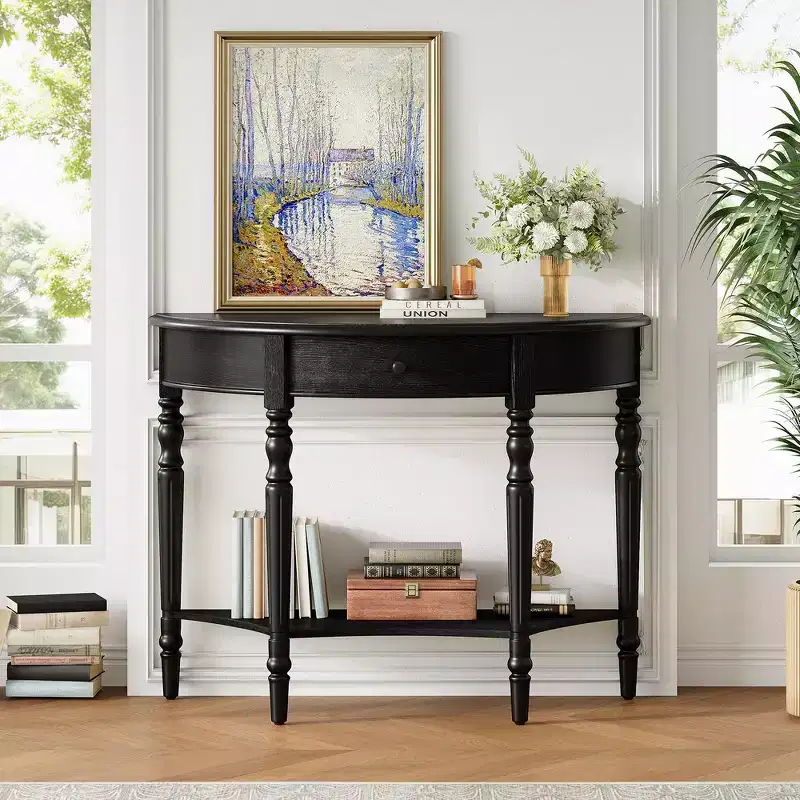 Whisen Farmhouse Half Moon Console Table, Rustic Accent Table, Sofa Table for Entryway with Drawer & Shelf