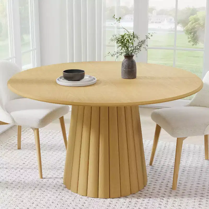 PexFix 52 Wood Round Dining Table Kitchen Table for 4-6 with Arc-Shaped Edge Top & Textured Tapered Base for Living/Dining Room Coffee Office Natural