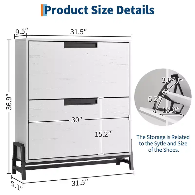 2-Drawer Flip-Down Shoe Cabinet - Hidden Storage Organizer with Adjustable Shelves for Entryway, Hallway, and Living Room