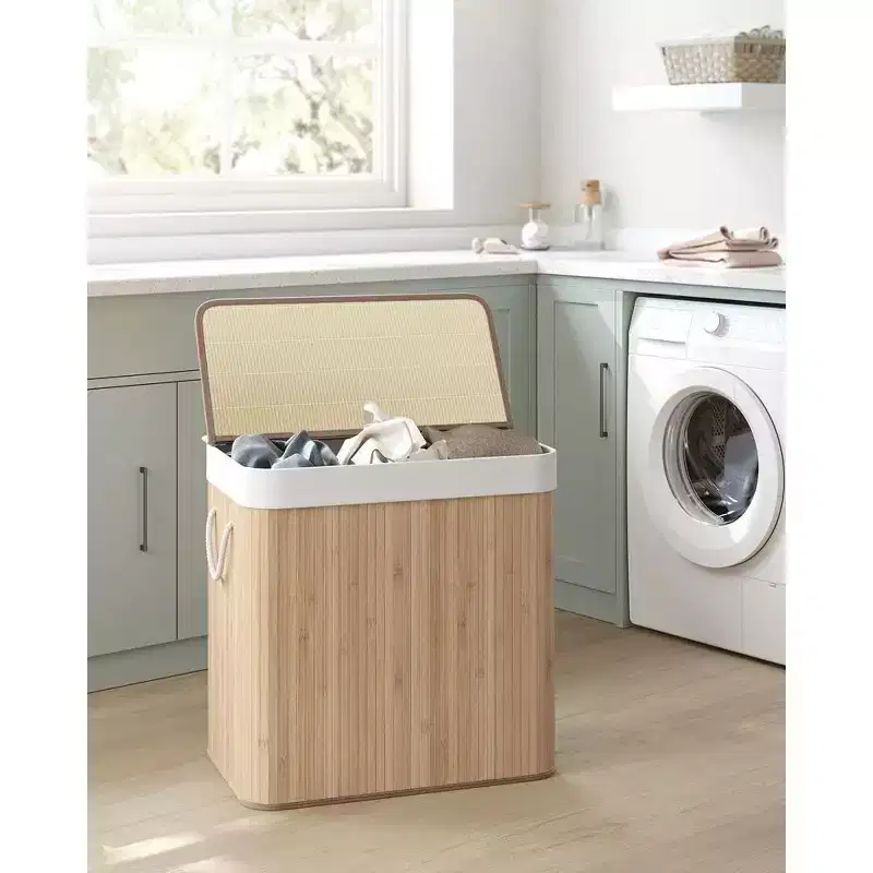 39.6Gal (150L) Laundry Hamper, 3-Section Laundry Basket with Lid, Bamboo, Foldable