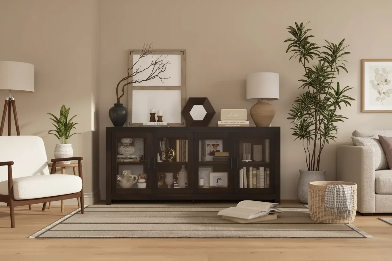 Deep Brown Accent Storage Cabinet with Glass Doors & Wood Grain Finish
