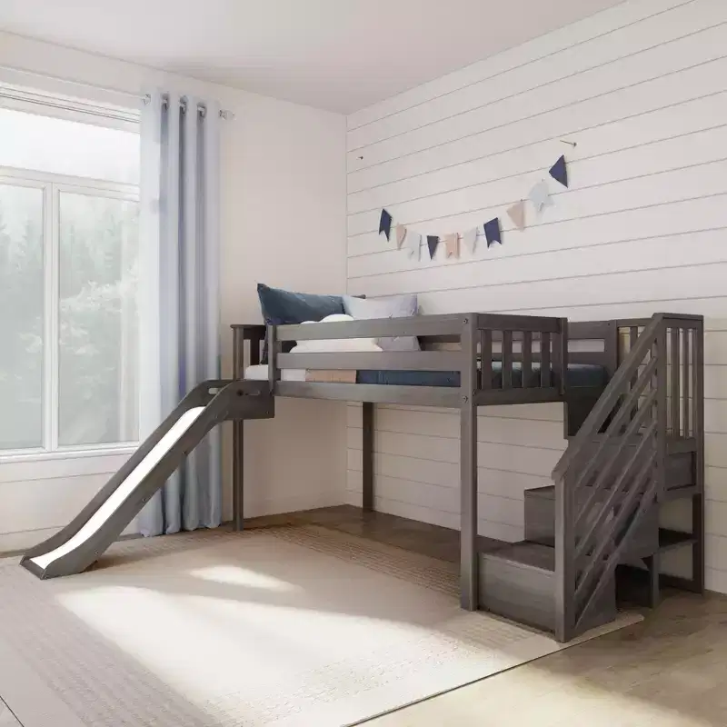 Kids Twin Low Loft Bed with Slide & Stairs, Solid Wood, 14