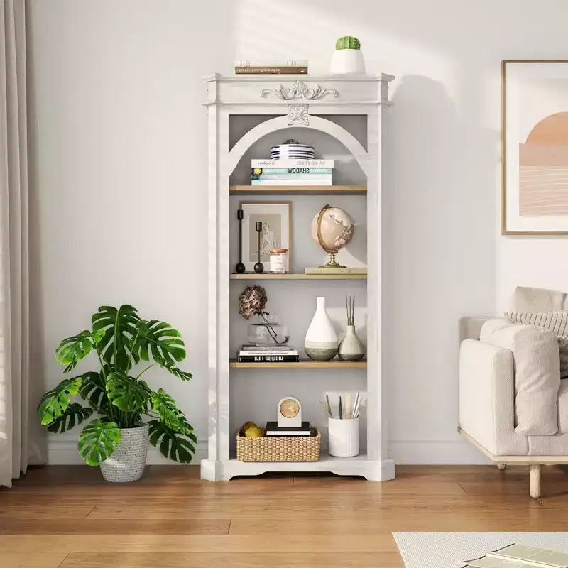 Modern Arched Display Cabinet with 4 Shelves, Freestanding Storage Cabinet for Living Room, Hallway & Office, White