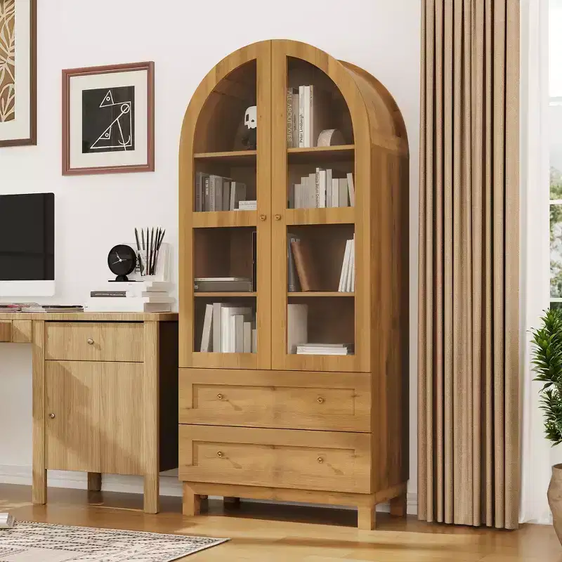 71 Tall Arched Kitchen Pantry Cabinet, Modern Storage Cabinet with 2 Drawers and Glass Door, Kitchen Pantry, Wooden Arched Bookshelf Cupboard