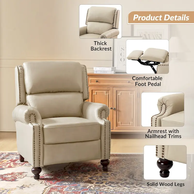 Gabriela Mid-Century Modern Genuine Leather Recliner with Tapered Block Feet by HULALA HOME