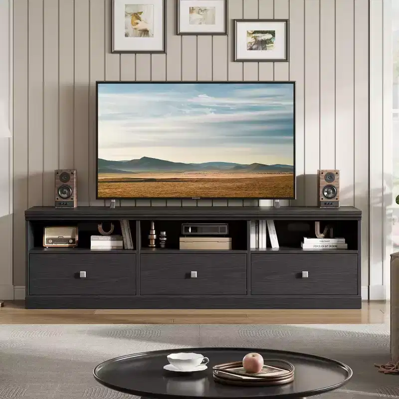 70in Entertainment Center with Storage Drawer, Mid-Century Modern TV Console with Open Shelves, Media TV Cabinet