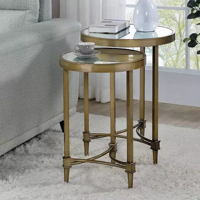 Acme Furniture Aditya 18 Wide Brass and Mirrored Nesting End Tables Set of 2