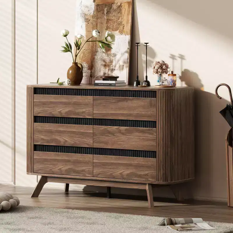 6 Drawer Dresser Roller shutter Chest of Drawers Curved Profile Design Wood Drawer Organizer for Bedroom Living Room Hallway Entryway