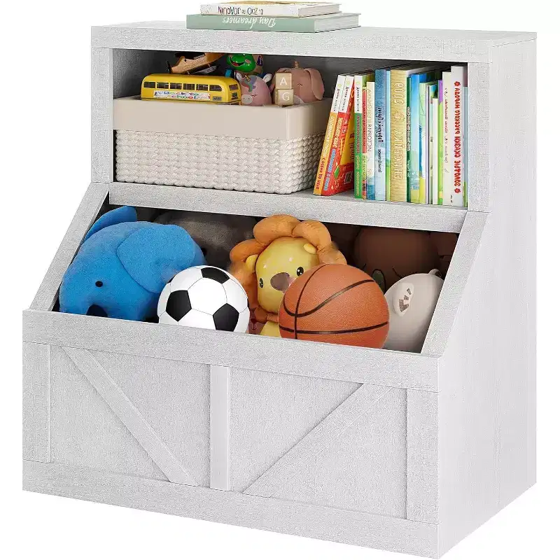 Kids Bookshelf and Toy Storage, 2-Tier Organizer with Lower Cabinet, Toddler Bookcase for Bedroom, Playroom, Classroom, Vintage White