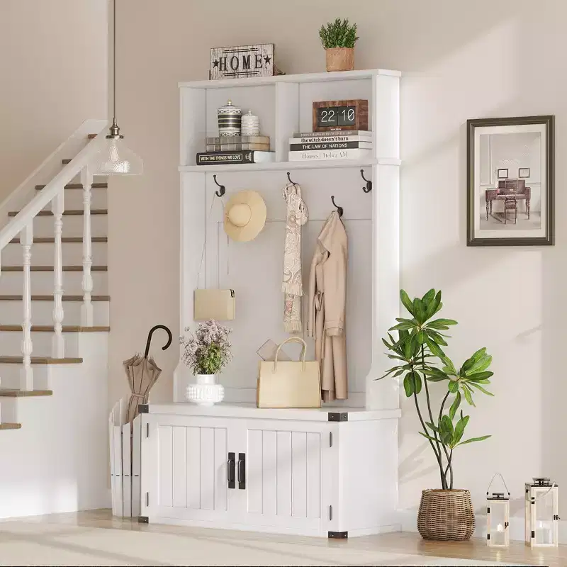 Hall Tree with Bench and Shoe Storage, Entryway Coat Rack with 5 Hooks and Adjustable Shelf, Wood Organizer for Mudroom, Entry and Foyer